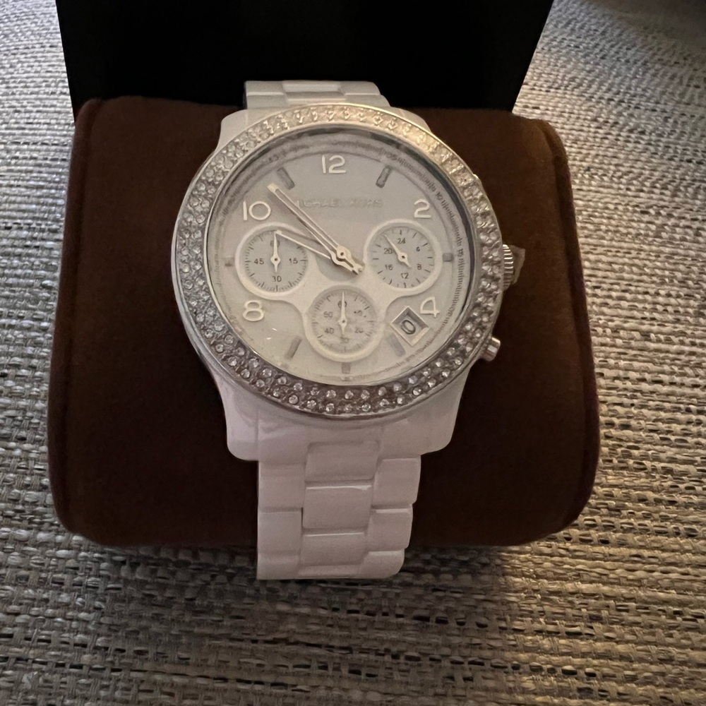 Michael Kors Silver and White Ceramic Chronograph Watch